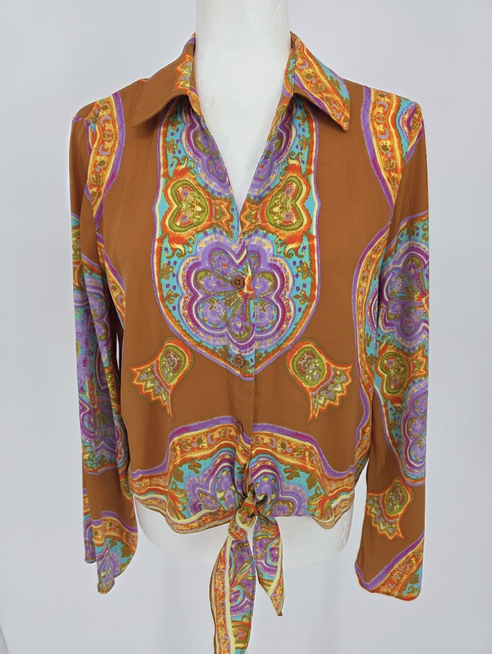 Rachel Zoe Tie Front Blouse M Boho Paisley Print Long Sleeve Crop Top - Picture 2 of 10